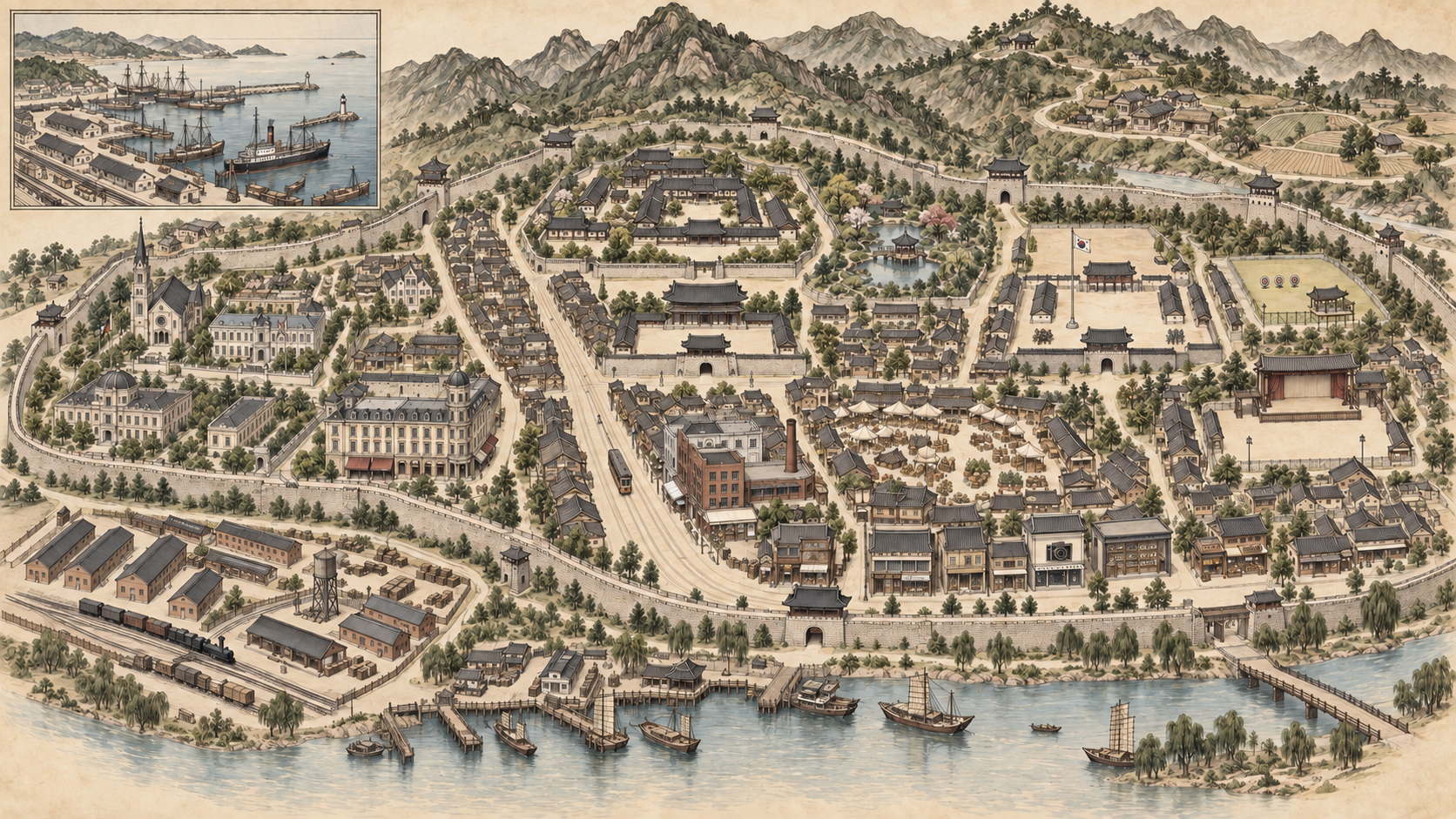 군영과 시장, 정원, 활터, 한강 나루와 제물포항을 함께 그린 1904년 한성 약도